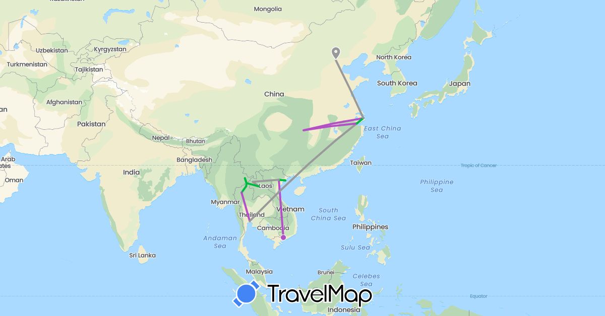 TravelMap itinerary: bus, plane, train in China, Laos, Myanmar (Burma), Thailand, Vietnam (Asia)